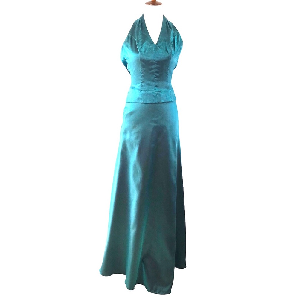 Eden Maids Teal Shimmer Two Piece Halter Maxi Dress Size 4